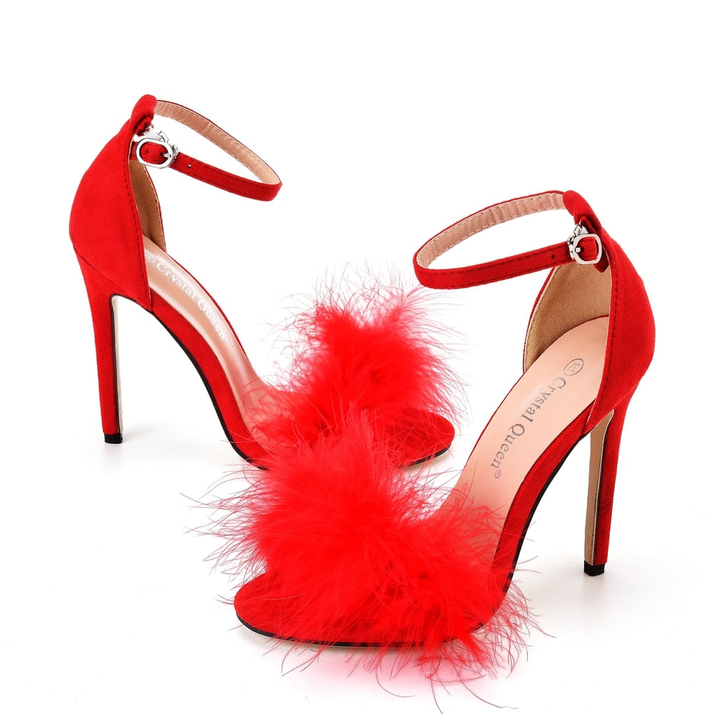 Furry Peep Toe Stiletto Ankle Strap Sandals