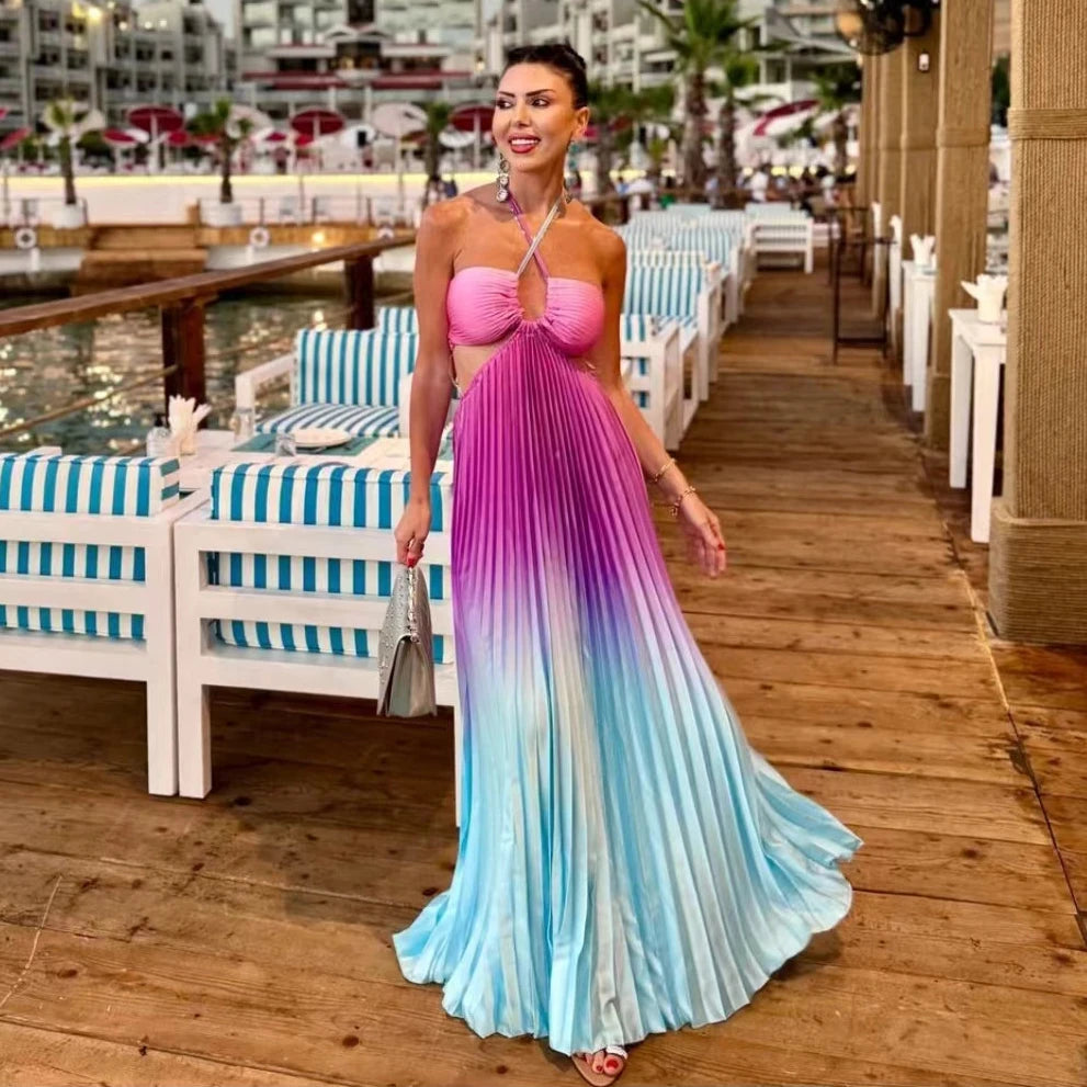Gradient Colorblock Sleeveless Pleated Cut-Out Backless Maxi Beach Dress