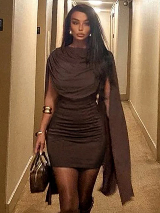 Brown Ruched Oversized Shawl Train Design Patchwork O-Neck Sleeveless Mini Bodycon Party Dress