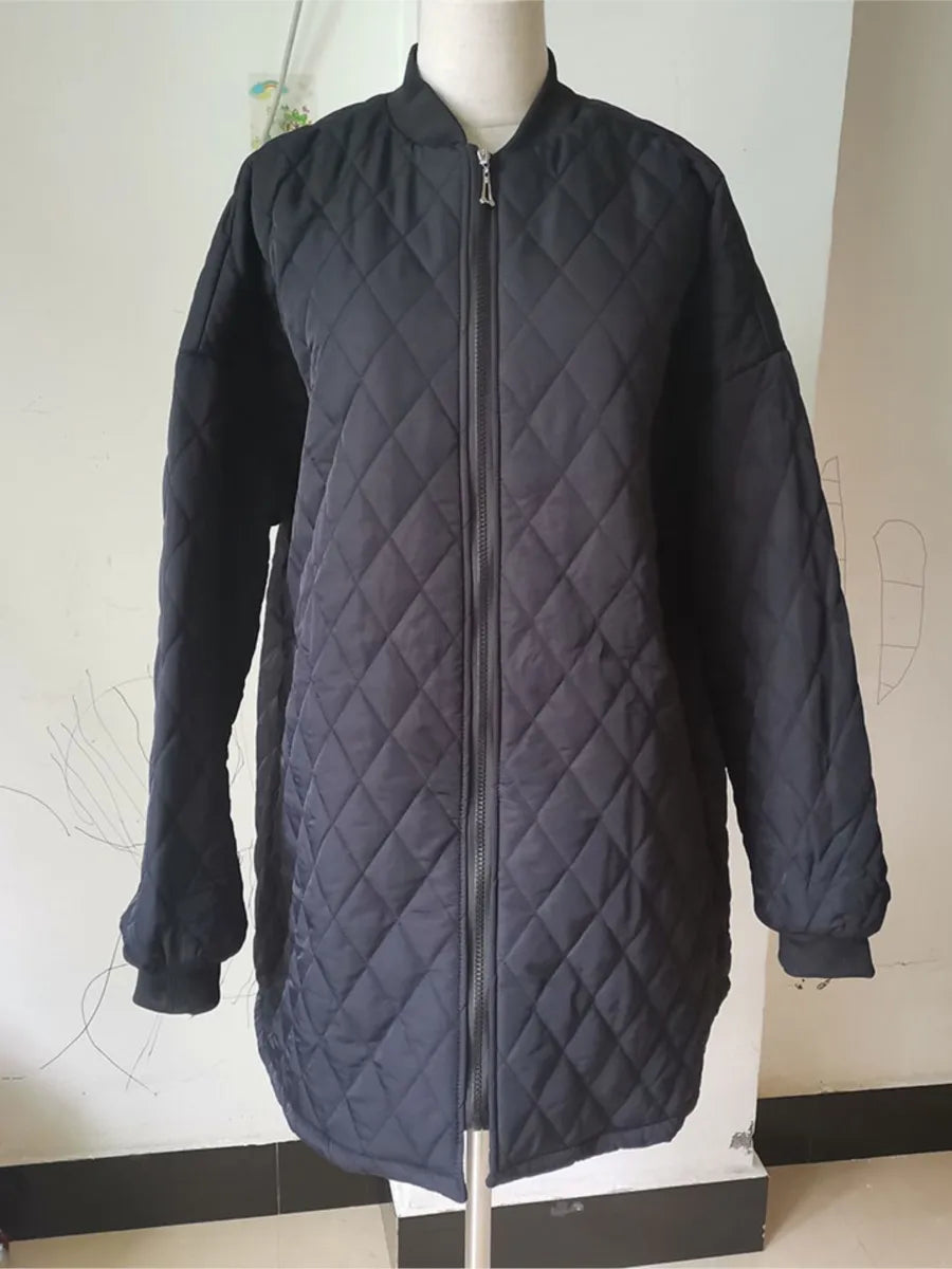 Oversized Quilted Long Sleeve Zipper Wadded Argyle Cotton Padded Women's Coat 3X-6X Plus