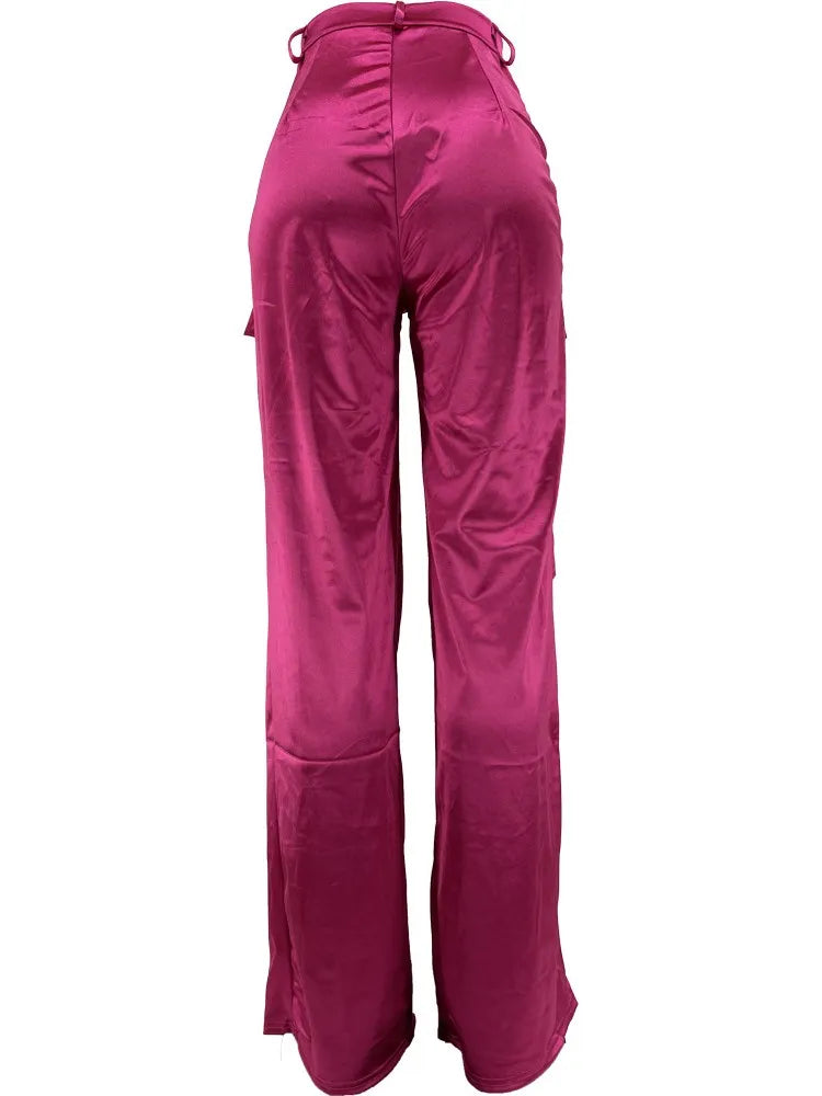 Satin Pocketed Cargo High Waist Button Fly Women's Cargo Pants