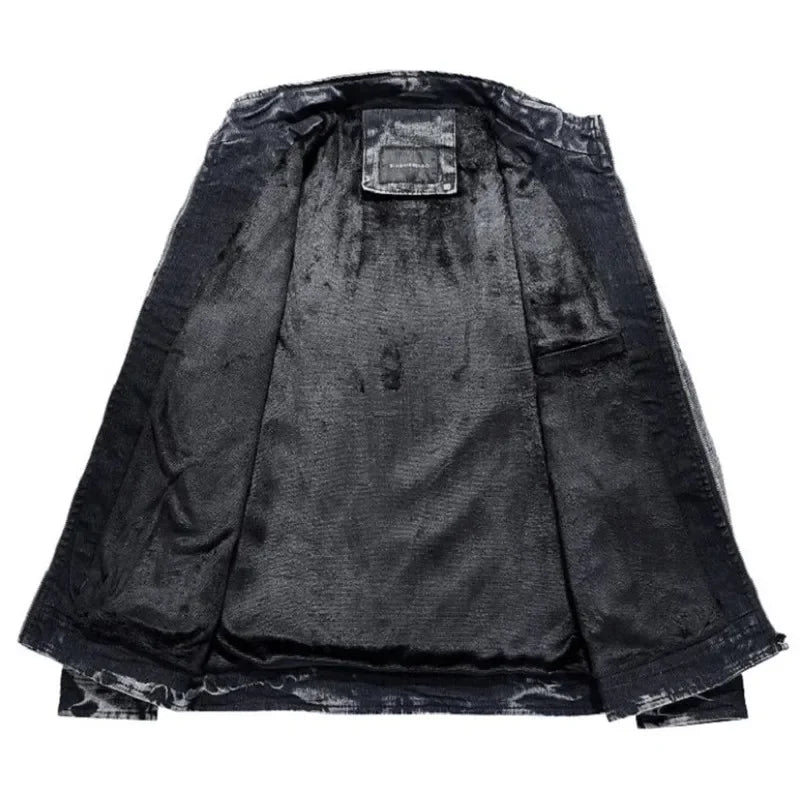 Men's Velvet Lined Mandarin Collar Washed Jean Jacket