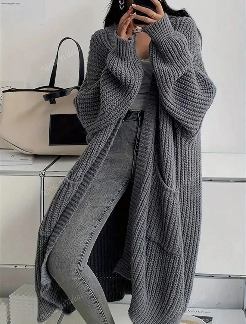 Oversized Cable Knitted Open Front Loose Women's Maxi Cardigan Sweater