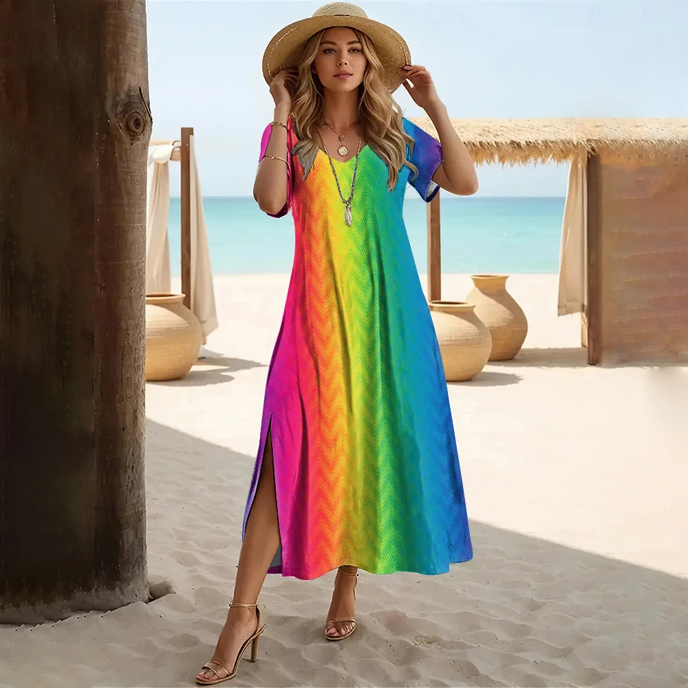 Striped Colorblock Rainbow Print V-Neck Short Sleeve High Slit Midi Sundress to 3X Plus Size