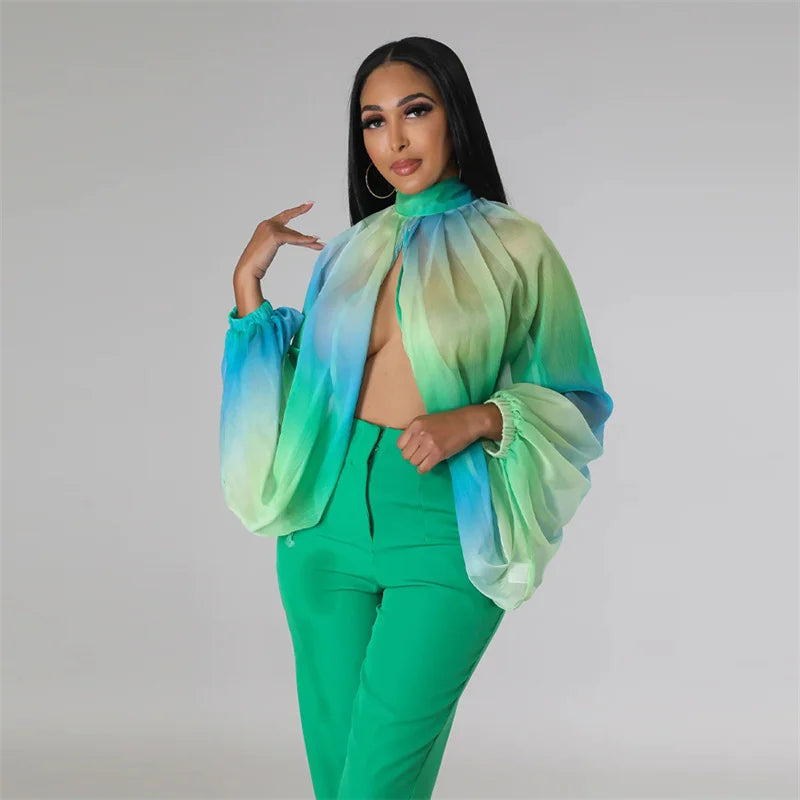 Chiffon Floral/Gradient Colorblock Sheer Front Slit Batwing Sleeve Women's Blouse