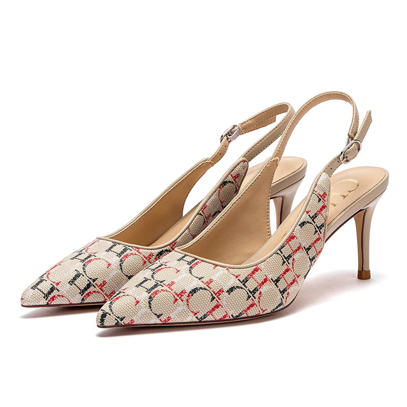 Monogram Letter Print Women's Slingback Buckle Strap Pumps