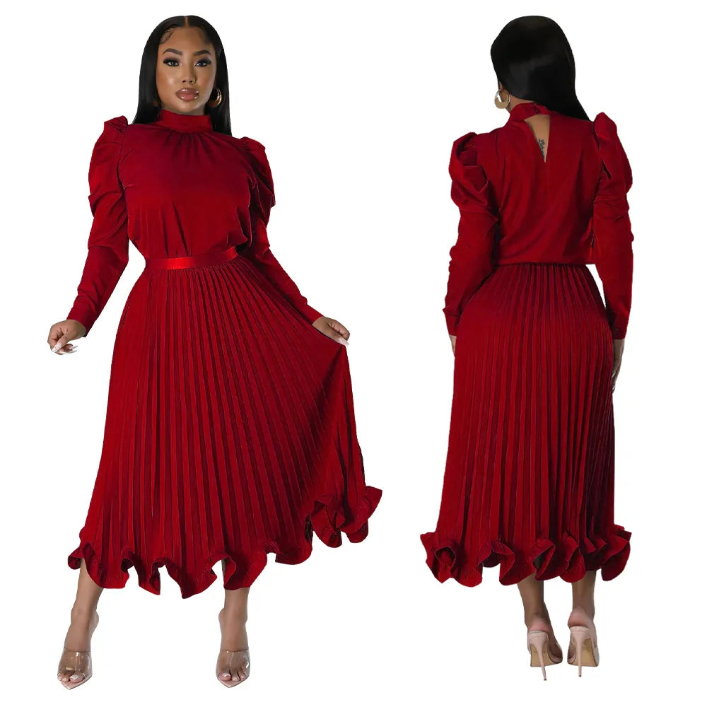 Women’s Solid Color O-Neck Lantern Sleeve Blouse + A-Line Flounce Formal Pleated Maxi Skirt w/ Sash Belt 2-Piece Set
