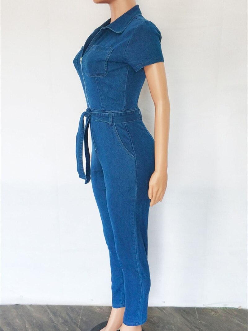 Short Sleeve Zipper Up Bodycon Denim Jumpsuit