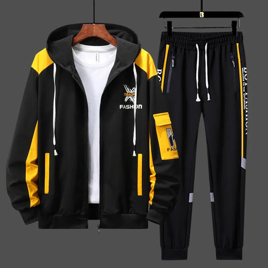 Designer Men's Colorblock Streetwear Printed Zipper Sweat Jacket + Drawstring Sweatpants Tracksuit