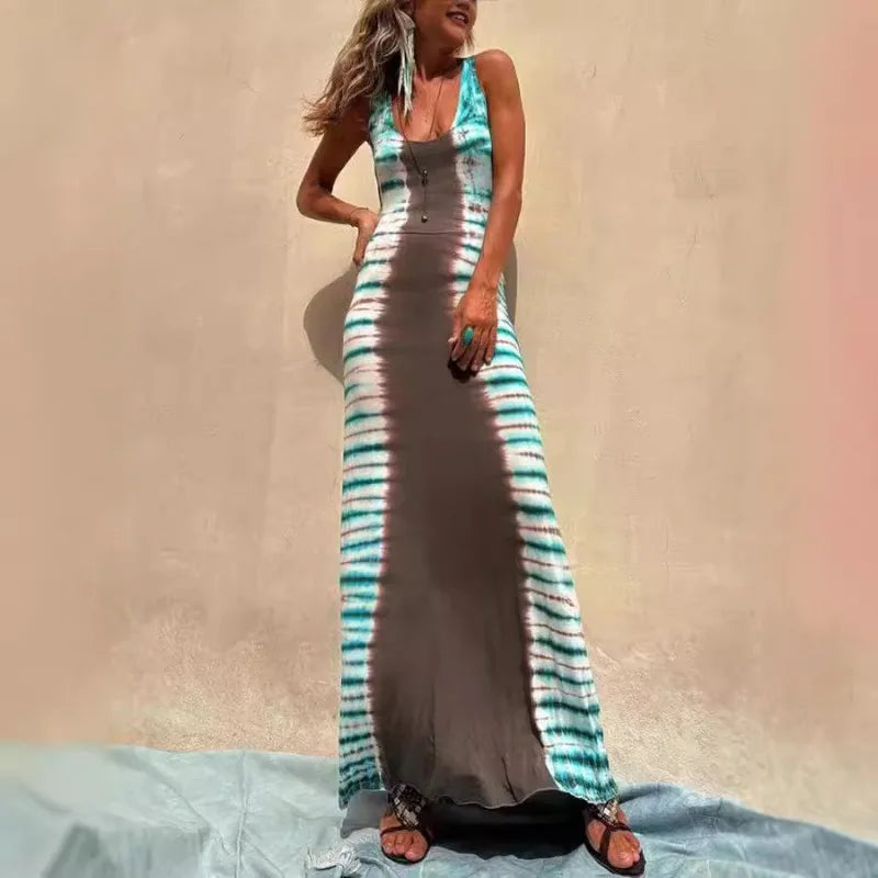 Striped Colorblock Print Backless Criss-Cross Strap Sleeveless Maxi Dress