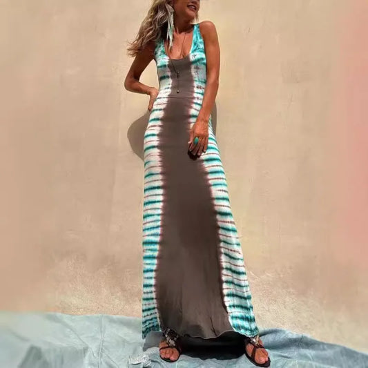 Striped Colorblock Print Backless Criss-Cross Strap Sleeveless Maxi Dress