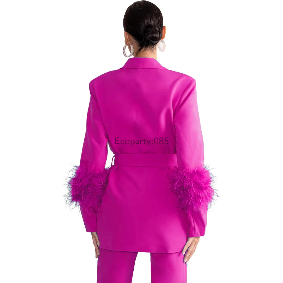 Feather Sleeve Solid Notched Neck Blazer + Zipper Pants Ladies Suit