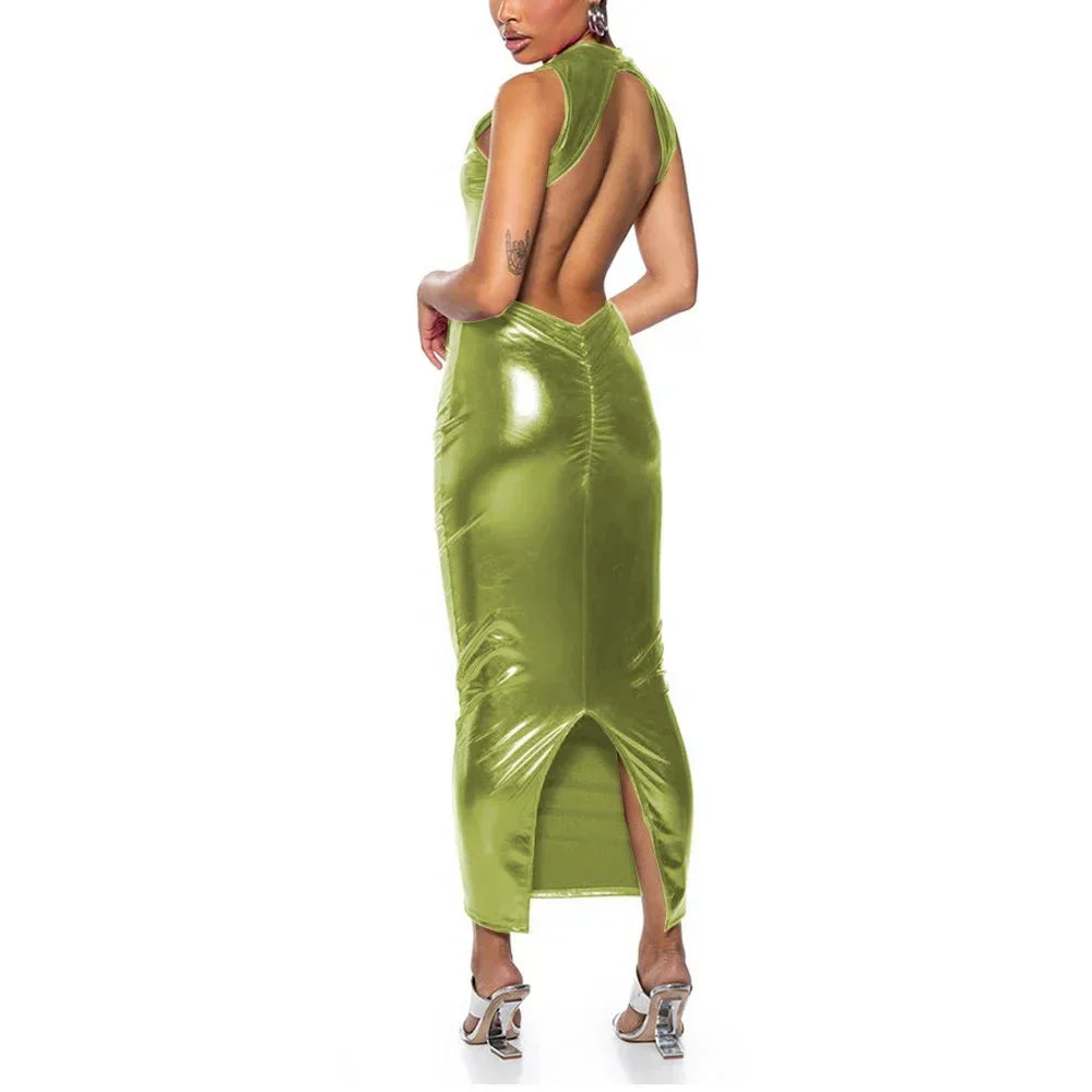 Shiny PU Leather Metallic Backless Sleeveless High Back Slit Bodycon Formal Maxi Party Dress to 3X Plus Size