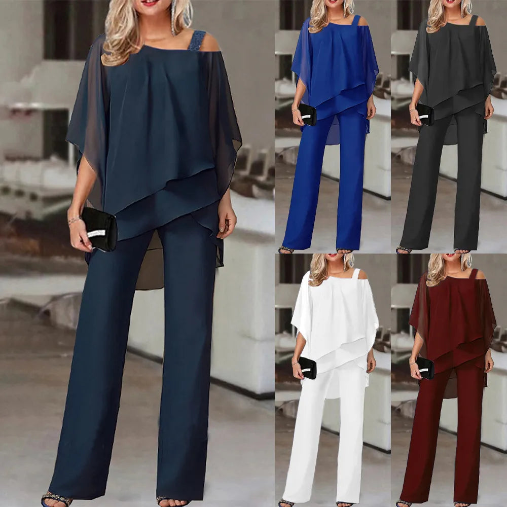 Chiffon Formal One Strap Women's Solid Cold Shoulder Loose Blouse + Pants 2-Piece Set