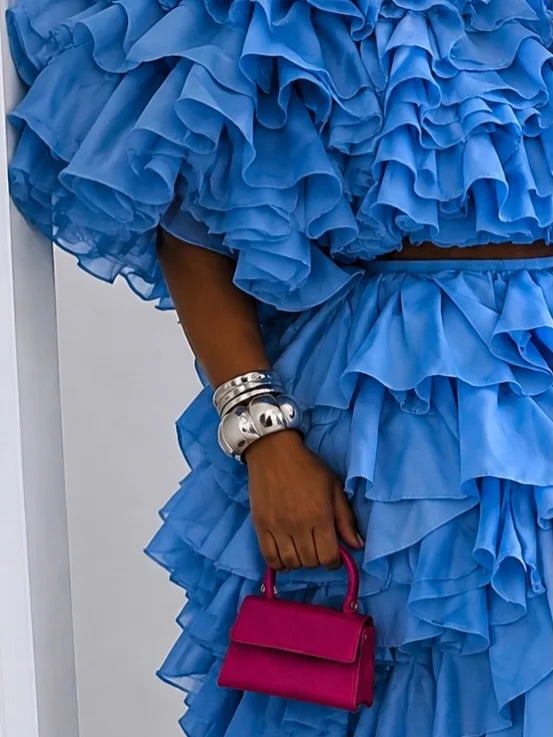 Blue Ruffled Oversized Puff Sleeve Women's Crop Top + Tiered Maxi Skirt Formal 2-Piece Set