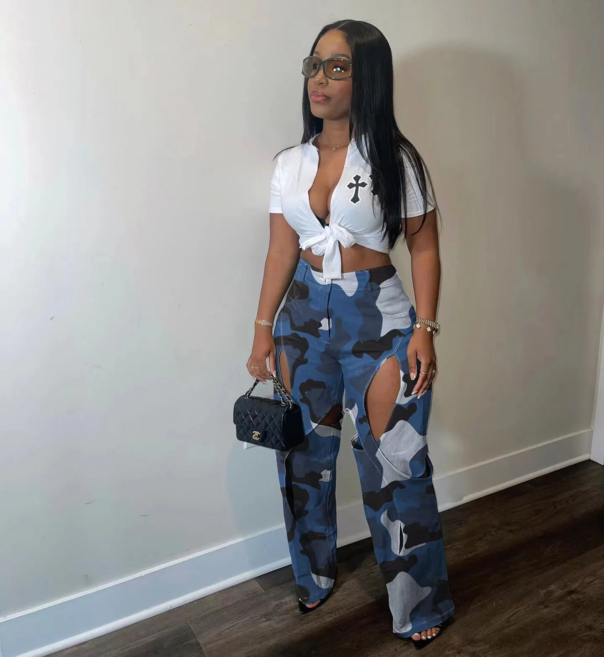 Colored Camoflauge Ripped Hollow-Out Design Women's Cotton High Waist Cargo Multi-Pocketed Streetwear Pants