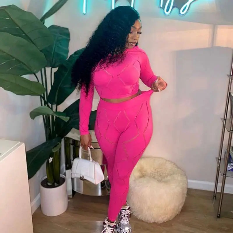 Knitted Geometric Pattern Long Sleeve Crop Top + Matching Biker Shorts Women's Solid Color 2-Piece Set