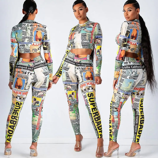 Newspaper Print Women's Long Sleeve Crop Top + Skinny Spandex Leggings 2-Piece Set