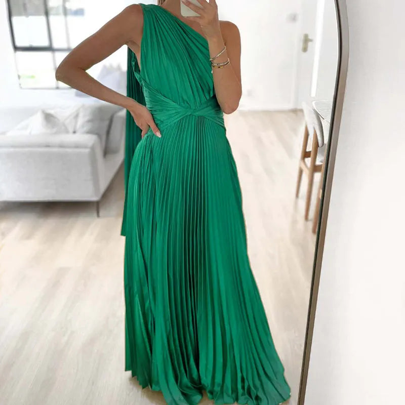 Asymmetrical One Shoulder Oblique Collar Pleated Formal Party Dress w/ Long Sash