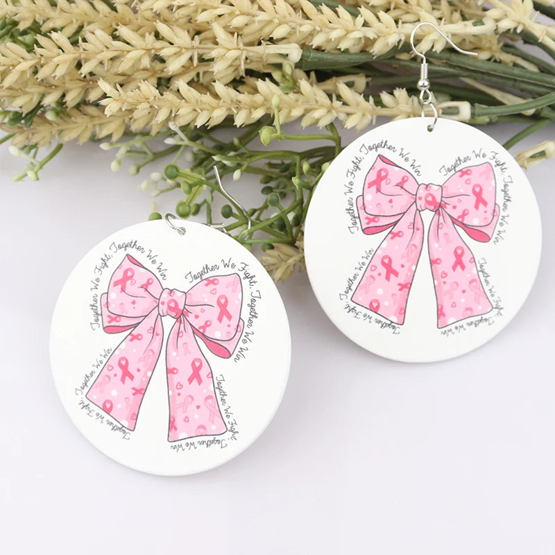 Round Pink Breast Cancer Wooden Earrings