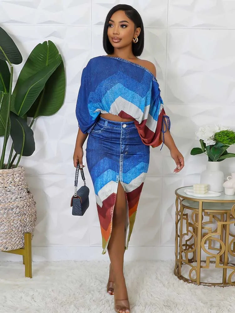 Mock Denim Striped Colorblock Slash Neck Women's Long Sleeve Crop Top + Open High Slit Skirt 2-Piece Set