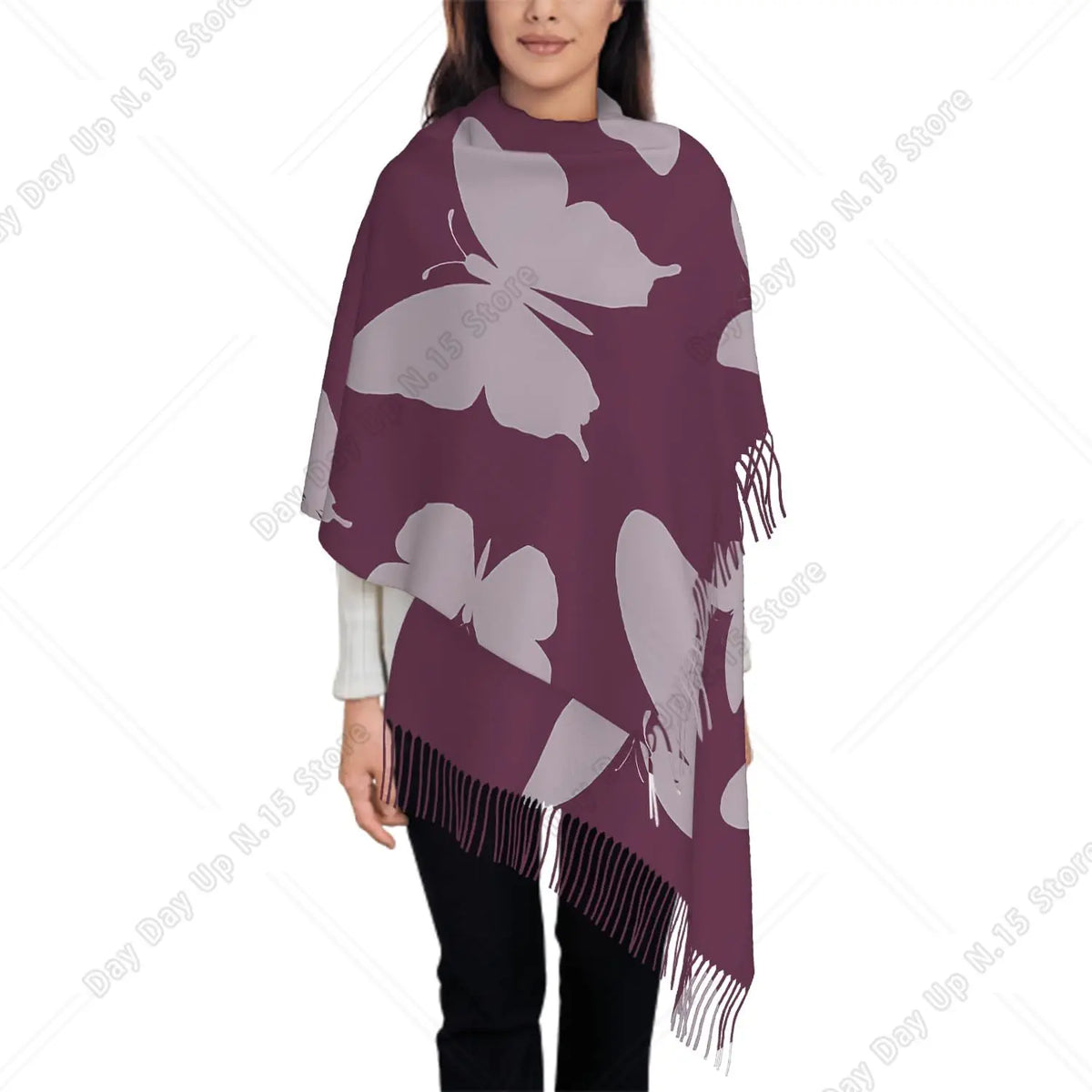 Oversized Heart Breast Cancer Awareness Pink Ribbon Print Tassel Fringe Shawl Scarf