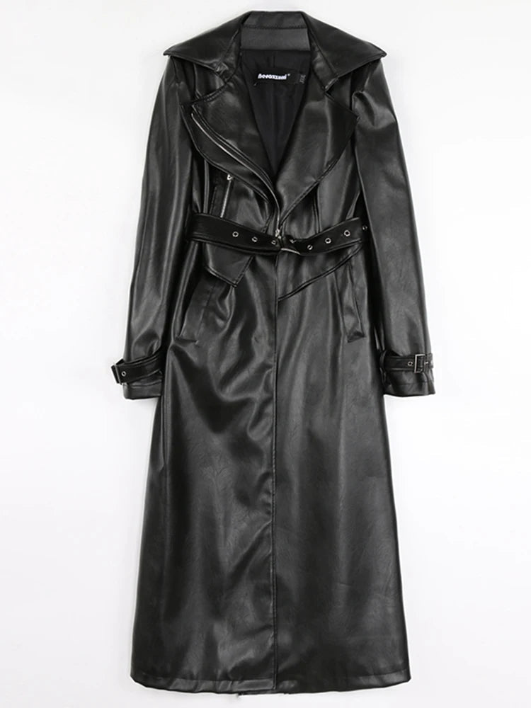 Solid PU Leather Women's Plus Size Turn-Down Collar Trenchcoat w/ Buckle Sash Belt to 7X Plus