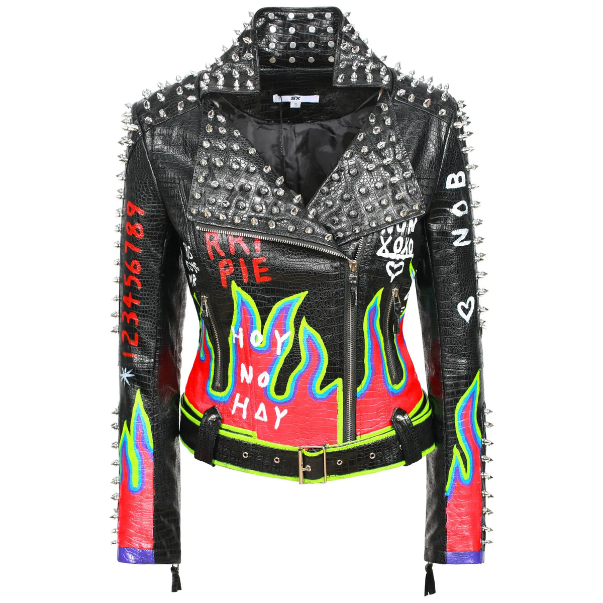 Rivet Spiked Stud Fire Flame Design Women's PU Leather Punk Biker Jacket