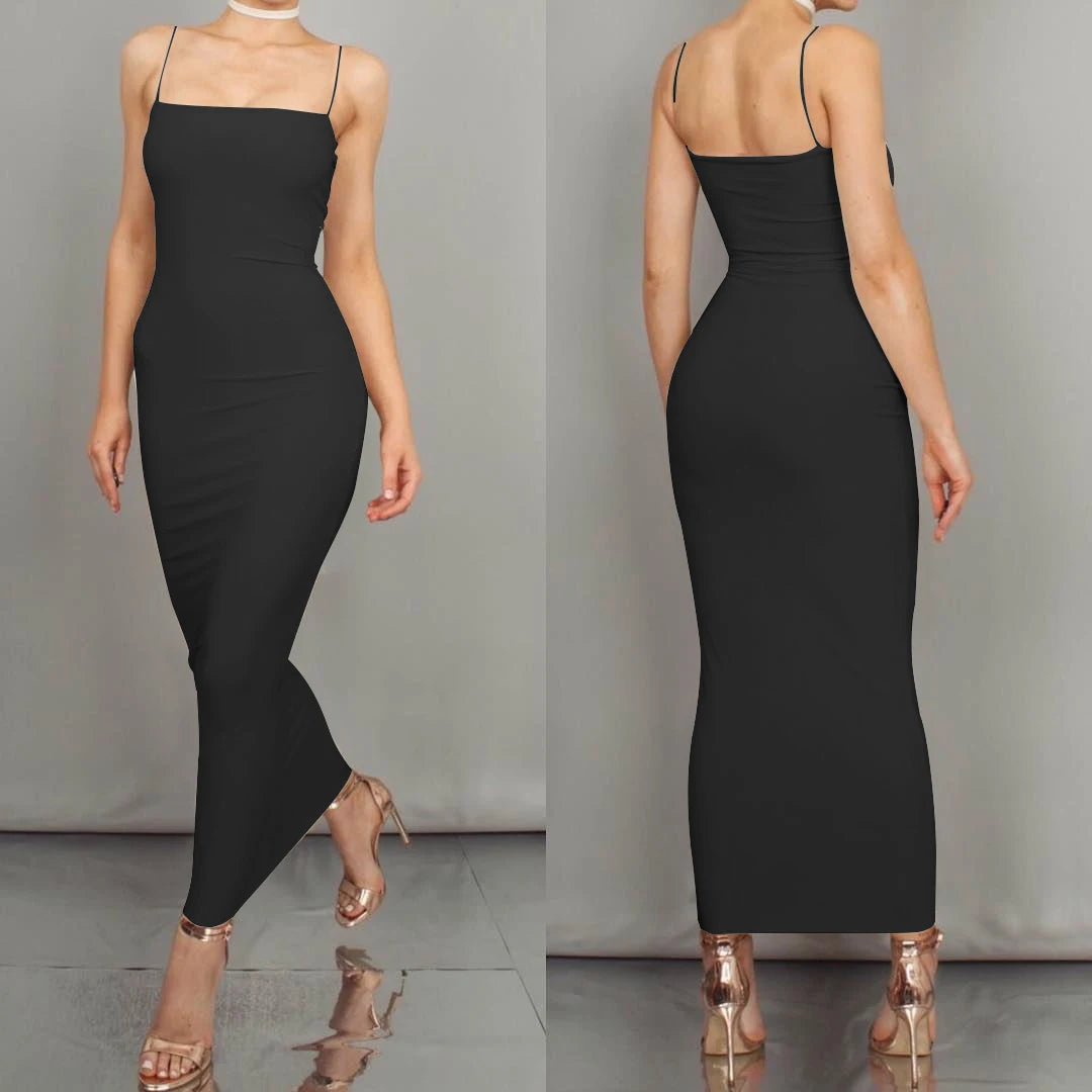 Solid Color Camisole Backless Slash Neck Spaghetti Strap Bodycon Maxi Dress