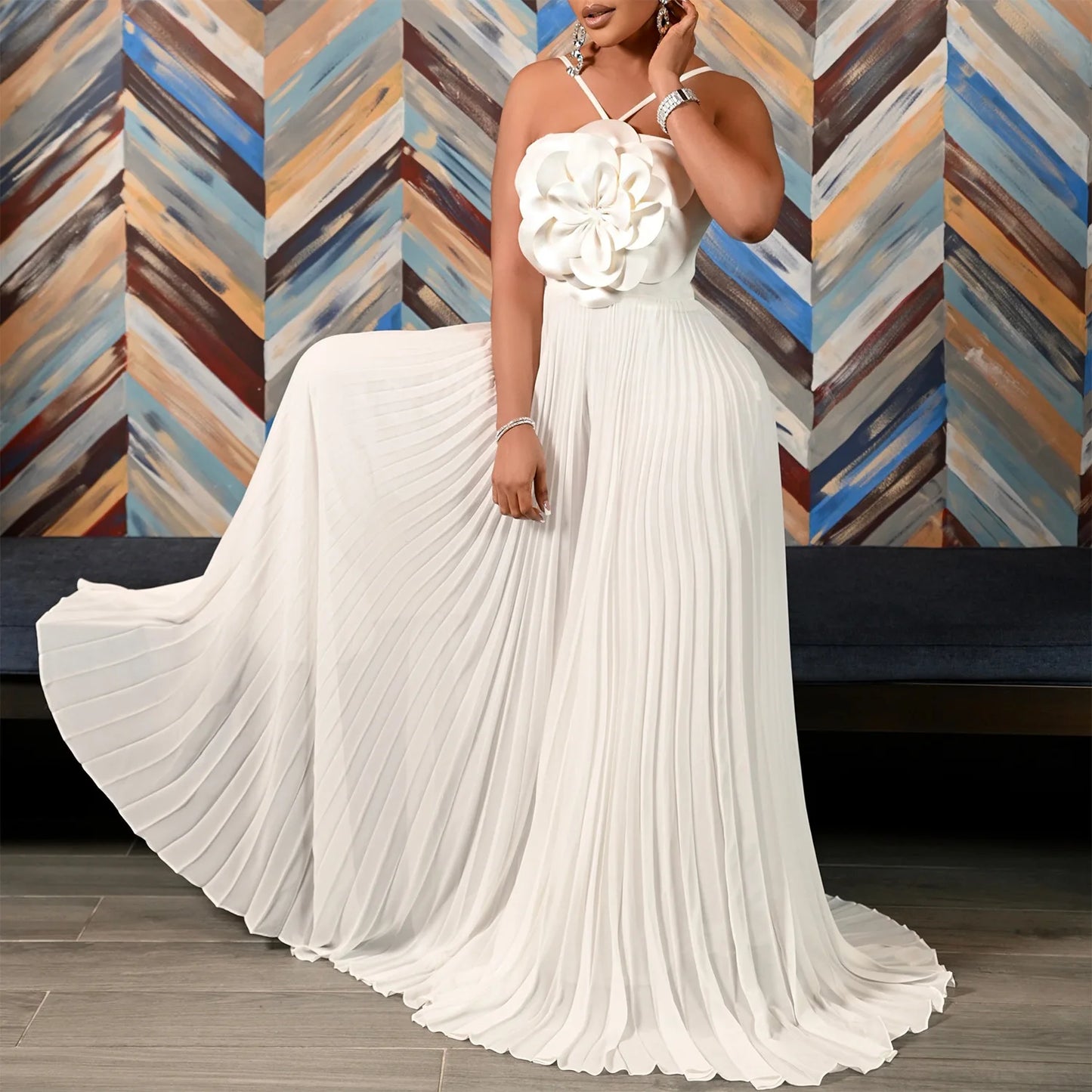 Sleeveless Pleated 3D Big Flower Embroidered Halter Collar Spaghetti Strap Wide Leg Formal Party Jumpsuit to 3X Plus Size