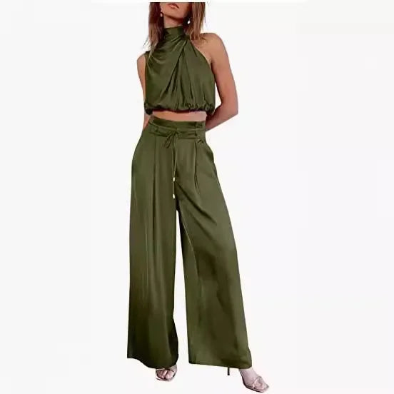 Sleeveless Turtleneck Ruched Crop Top + Bell Bottom Wide Leg Women's Pants 2-Piece Set