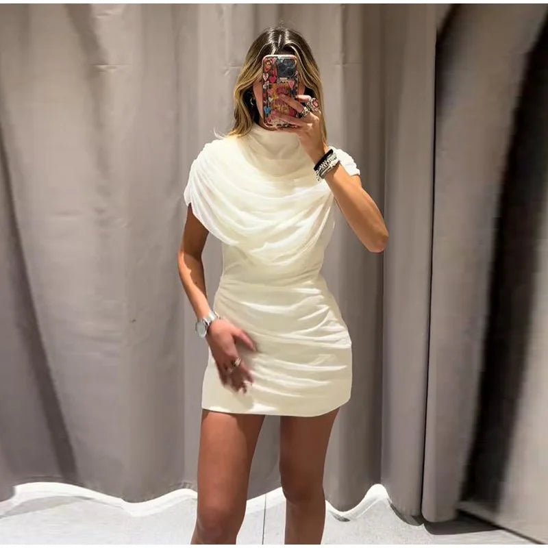 Layered Patchwork Cinched Waist Solid Color Short Sleeve Bodycon Formal Party Dress