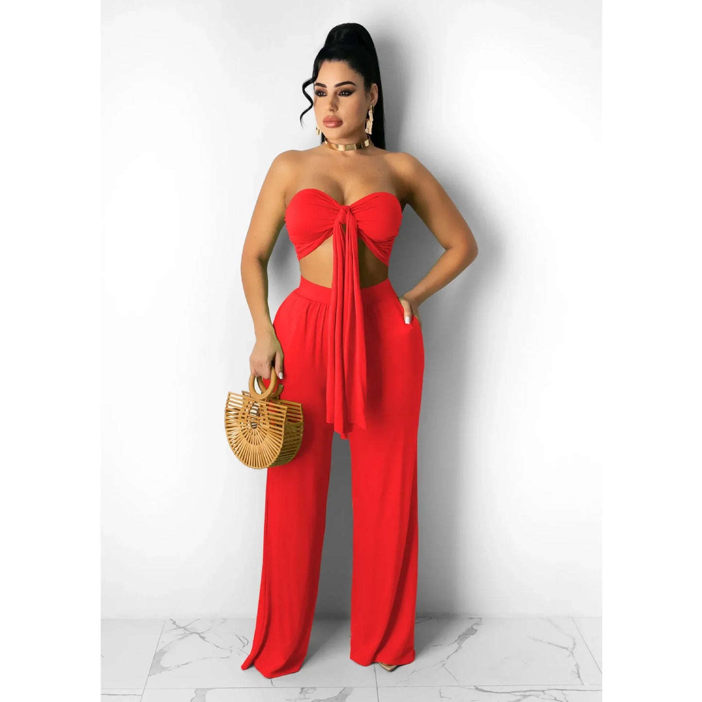 Strapless Hollow-Out  Hatler Neck Crop Top + Leggings Bodycon Solid Color Women's 2-Piece Set