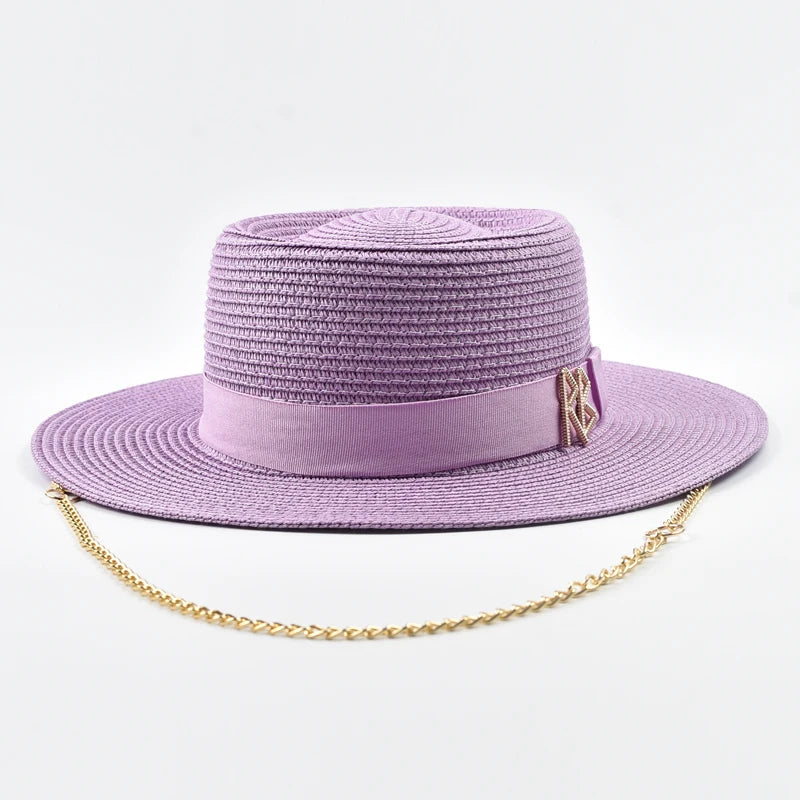 Straw Gold Chain Women's Ribbon Decor Fedora Hat