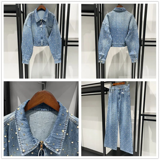 Denim Rhinestone Embellished Decor Women's Turn-Down Collar Zipper Jean Jacket OR Straight Jeans SOLD AS SEPARATES