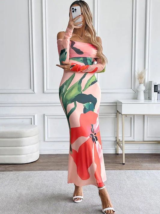 Pink Off-the-Shoulder Big Flower Print Long Sleeve Maxi Dress