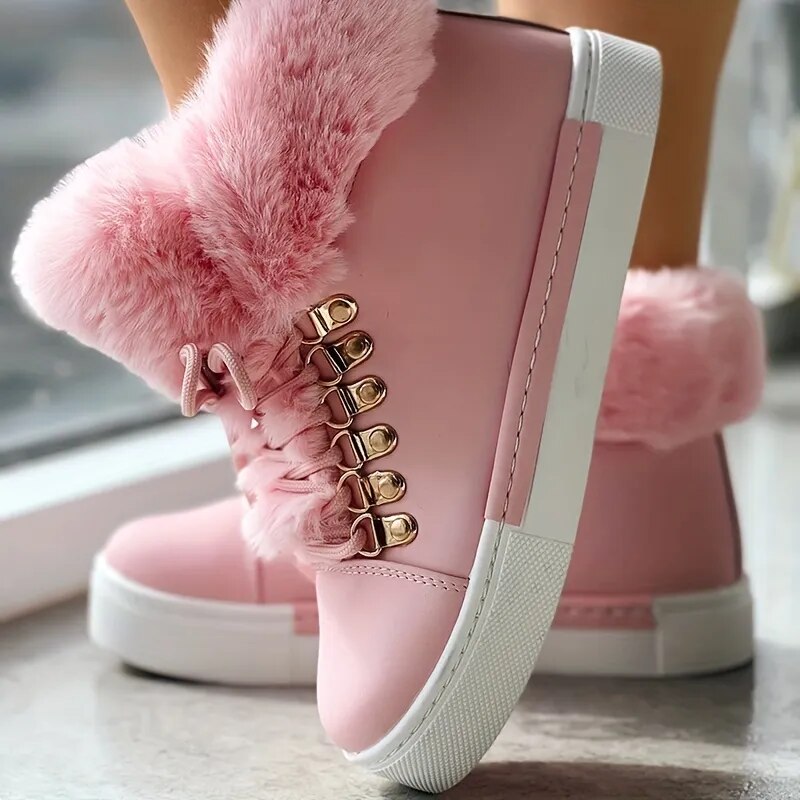 Velvet Furry Solid  Lace-Up Hightop Round Toe Ankle Snowboots