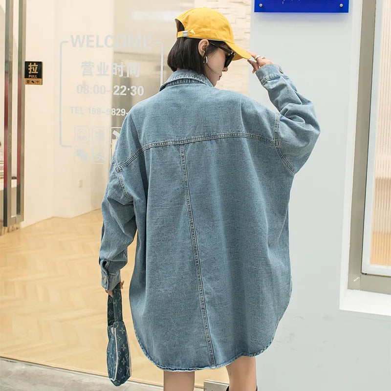 Denim Patch Design Turn-Down Collar Hip-Hop Embroidered Women's Streetwear Button-Up Jean Jacket