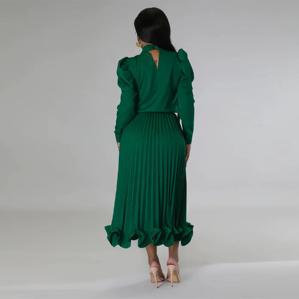 Women’s Solid Color O-Neck Lantern Sleeve Blouse + A-Line Flounce Formal Pleated Maxi Skirt w/ Sash Belt 2-Piece Set