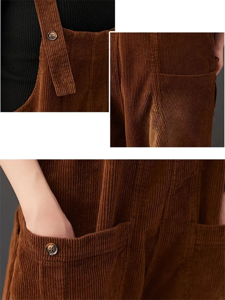 Corduroy Women's Solid Color Loose Rompers Pocketed Wide Leg Overall Jumpsuit