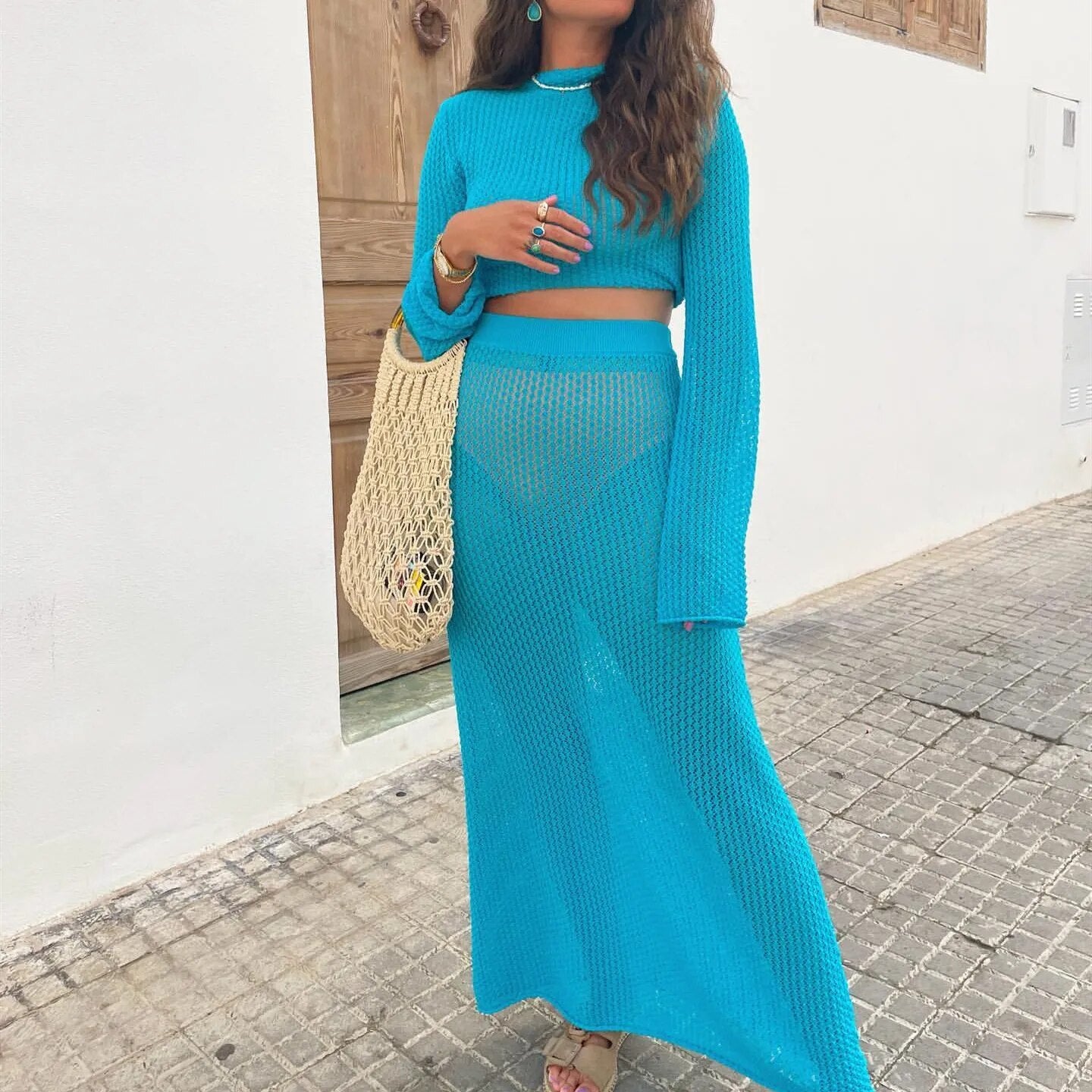 Neon Blue Knitted Long Sleeve Crop Top + High Waist Bodycon Maxi Skirt 2-Piece Set