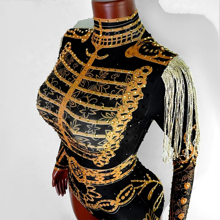 Luxury Rhinestone Fringe Bodysuit Sparkly Sequin Leotard Women Stage Performance Wear Drag Queen Costume Nightclub GOGO Dance Ou