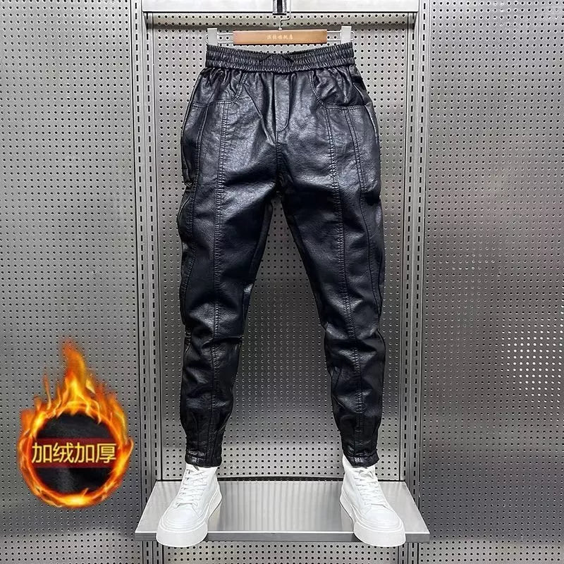 Hip Hop Men's Leather Retro Black Streetwear Elastic Pants