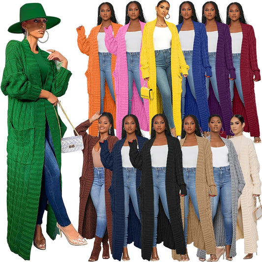 Solid Weaved Pattern Knitted Loose Women's Maxi Cardigan Sweater