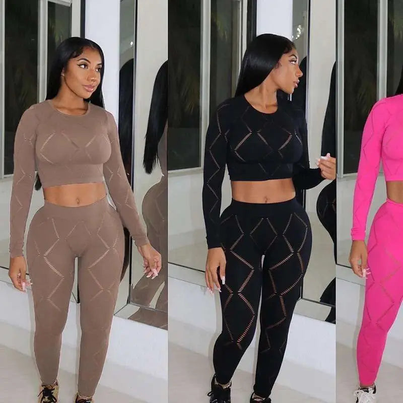 Knitted Geometric Pattern Long Sleeve Crop Top + Matching Biker Shorts Women's Solid Color 2-Piece Set