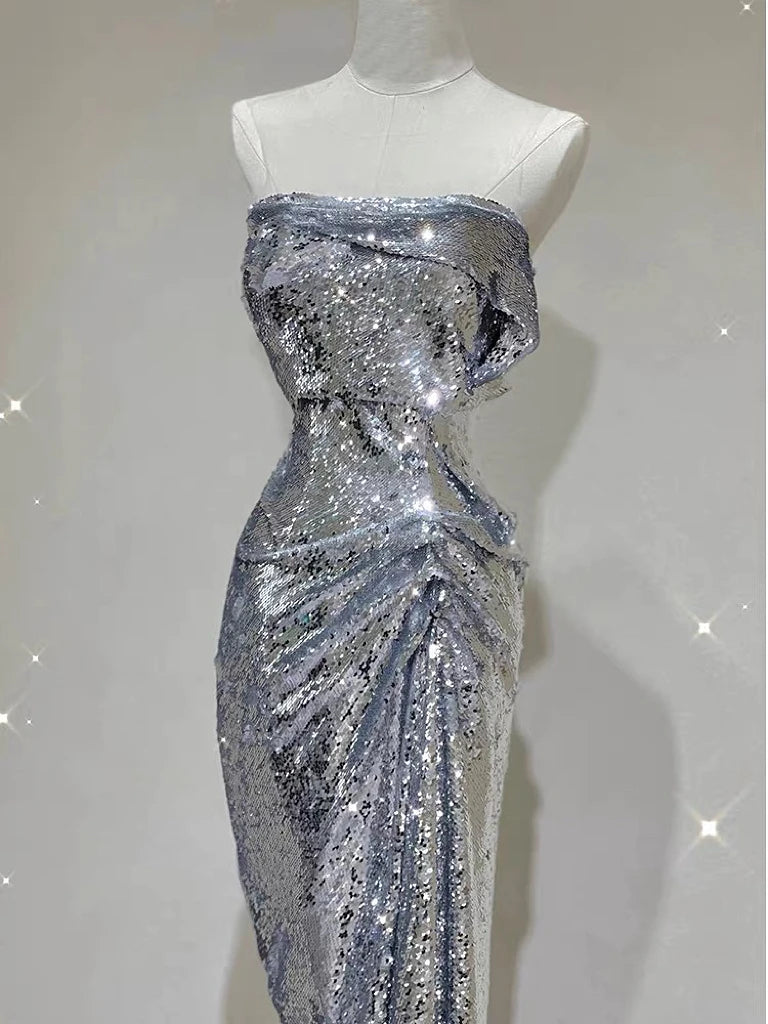 Silver Sequin Metallic Strapless Ruched Sleeveless Mermaid Formal Tube Dress