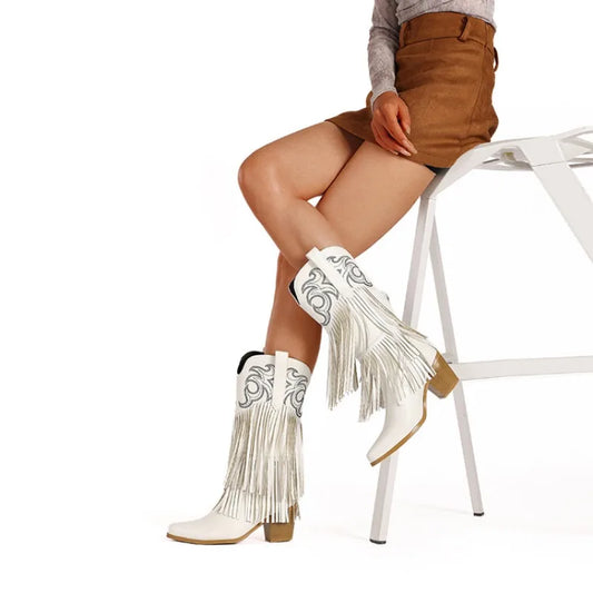 Western Tassel Fringe Totem Design Pointed Toe Women's Wedge Heel Knee-High Cowgirl Rodeo Boots