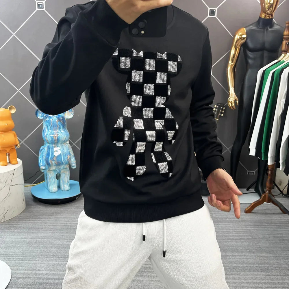 Men's O-Neck Rhinestone Checkered Teddy Bear Streetwear Sweatshirt