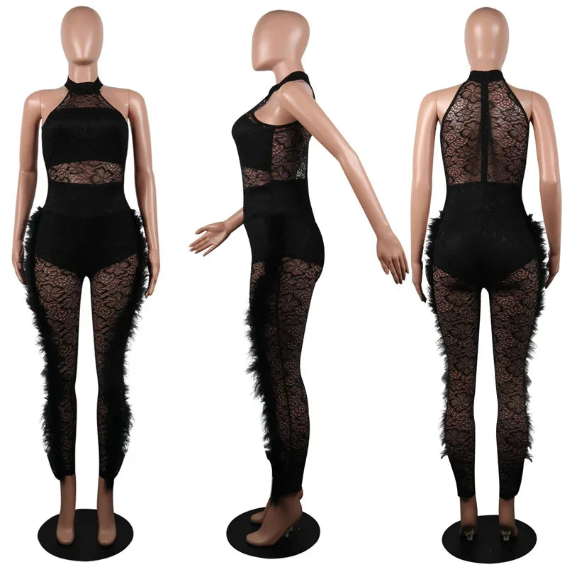 Halter Backless Sleeveless Floral Mesh Transparent Women's Pants Jumpsuit