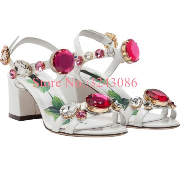 Crystal Chunky Heel Mixed Color Diamond Beach Sandals